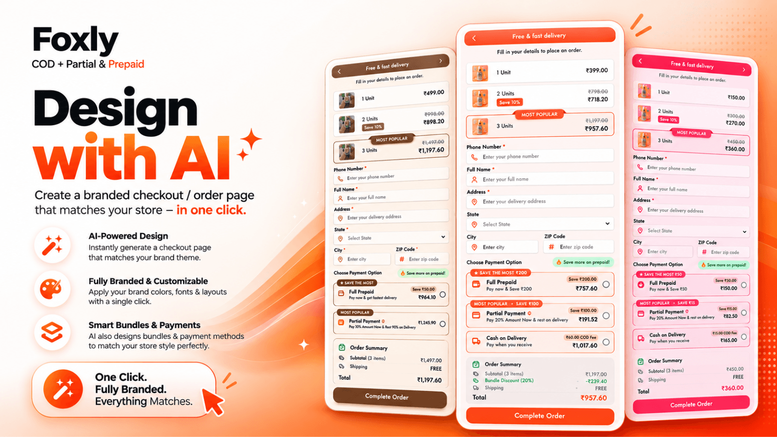 Foxly AI designer generating three branded order forms