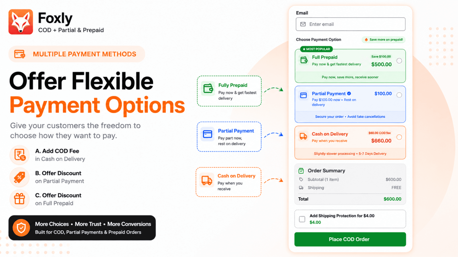Foxly flexible payment options: prepaid, partial and COD